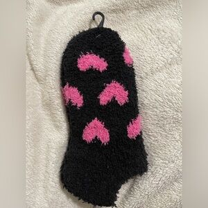 Black and Pink Heart Patterned Fuzzy Sock shoe size 4-10
